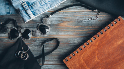 Blue denim jeans, Flat lay trendy women's outfit. Fashion blogger's items. Lifestyle photo. Mockup