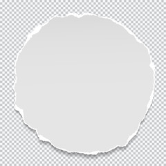 Piece of torn white circle note, notebook paper with soft shadow stuck on squared background. Vector illustration