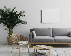 blank horizontal picture frame mockup in modern interior  living room background in gray tones with gray sofa and wooden armchair, palm tree and coffee table, scandinavian style, 3d render