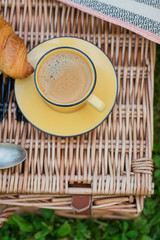 Breakfast on the grass. Cup of coffee and French croissants