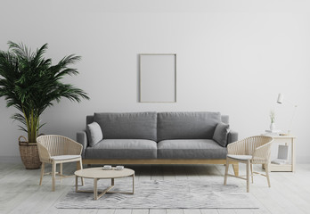 blank wooden vertical picture frame mockup in modern interior  living room background in gray tones with gray sofa and wooden armchair, palm tree and coffee table, scandinavian style, 3d render