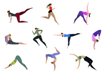 Vector set illustration of girls character doing yoga exercises and sports exercises. cross fit woman  icons  