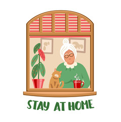 Old woman with cat staying by the window in self quarantine, protection from virus. Coronavirus prevention concept. Vector illustration drawing in flat style with text Stay at home