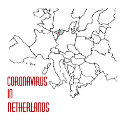 Coronavirus infection in Netherlands, european map with emphasized country. 2020 disease. Vector stock illustration in cartoon style.
