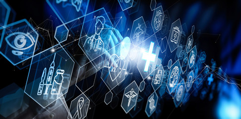 AR and VR concept.Doctor hand with stethoscope and Ui icon medical in hospital with medical technology network concept.