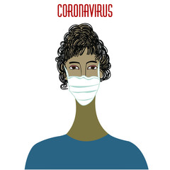 Coronavirus in China. Novel coronavirus (2019-nCoV), African American woman in white medical face mask. Concept of coronavirus quarantine. Vector stock illustration in cartoon style.