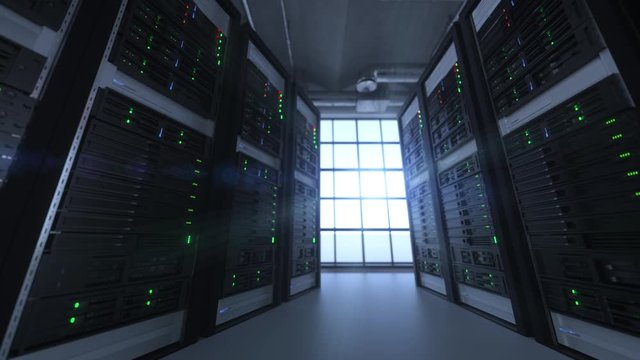 Slow tracking shot of server units in cloud service data center showing flickering light indicators for massive data connection bandwidth, close up shot.
