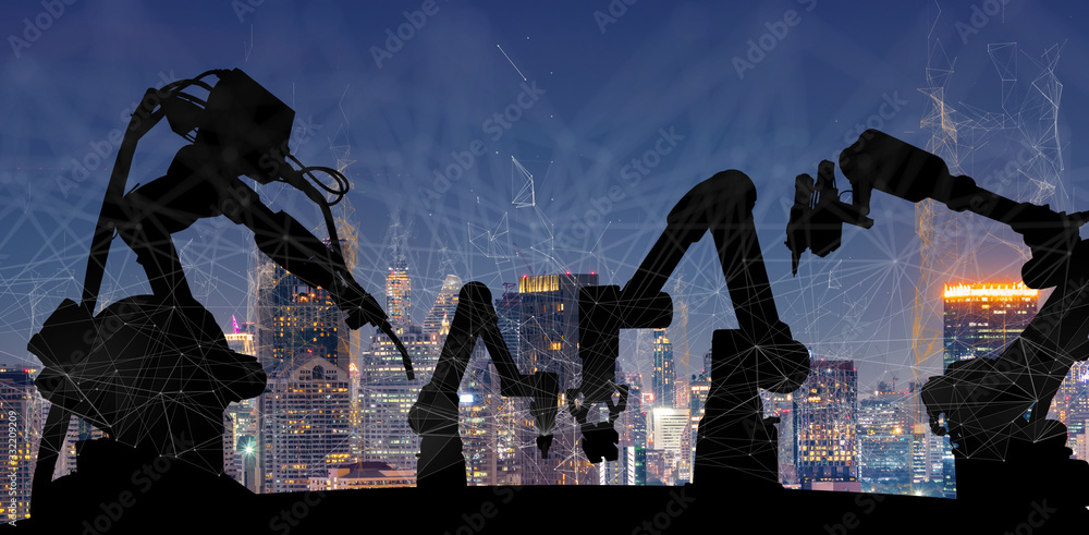 Aufkleber Silhouette of modern automation robot arms with Ai assistant technology network concept and metropolis city building background.