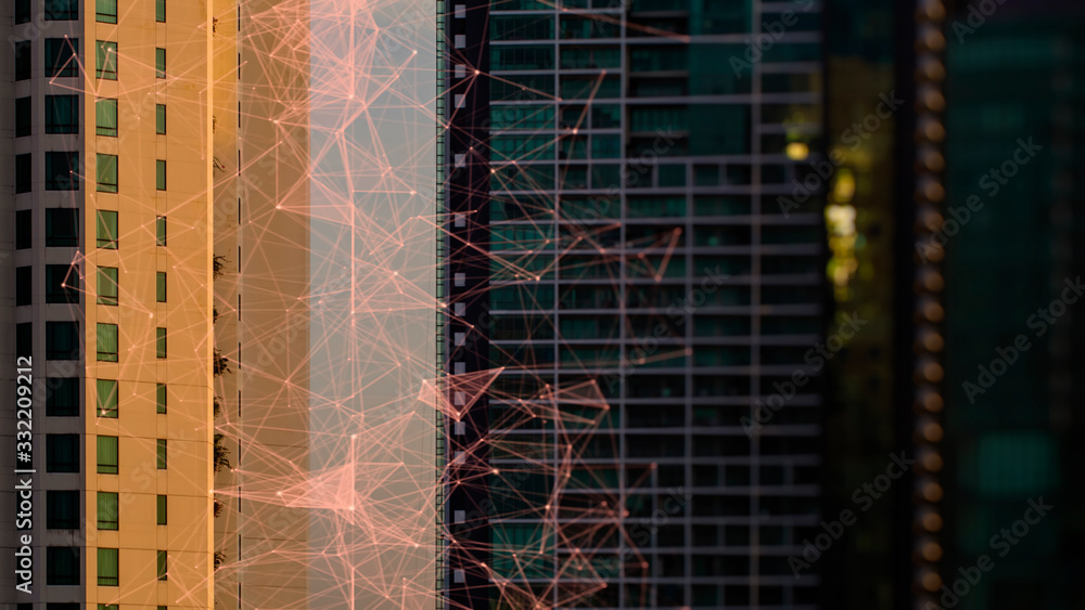 Leinwandbilder wireless network and connection technology concept with abstract bangkok city background