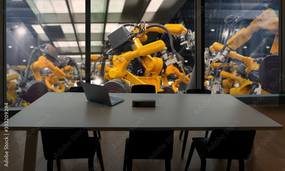 Poster Factory Industrial Engineer office with automation robot arms machine in intelligent factory industrial on real time monitoring system software.Digital future manufacture in meeting room.