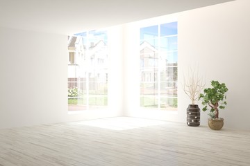 Stylish empty room in white color with summer landscape in window. Scandinavian interior design. 3D illustration