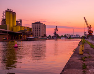 Industry port in Hamm Westfalen in the Ruhrgebiet at sunset