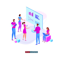 Trendy flat illustration. Office workers planing business mechanism, analyze business strategy and exchange ideas. Template for your design works. Vector graphics.