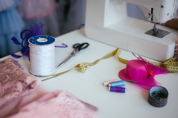 A mess in a sewing workshop. Seamstress concept