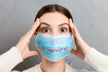 Portrait of pretty shocked woman wearing medical mask with coronavirus text at gray cement background. Coronavirus concept. Respiratory protection