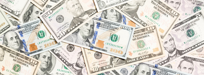 Top view of various dollar cash background. Different banknotes concept. Wealth and rich concept