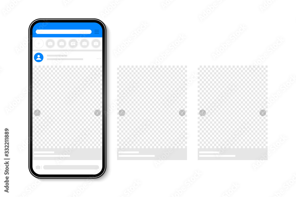Aufkleber Carousel post on social network. Smartphone with application interface with photo or video carousel post. Vector illustration.