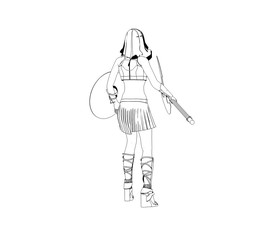 warrior woman character, 3D illustration, sketch, outline