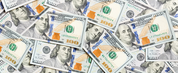Top view of American money background. Pile of dollar cash. Paper banknotes concept