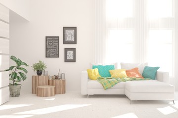 White living room with sofa. Scandinavian interior design. 3D illustration
