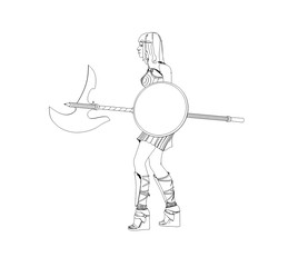 warrior woman character, 3D illustration, sketch, outline
