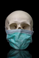 Human skull wearing a protective mouth mask. Isolatet on black background. 