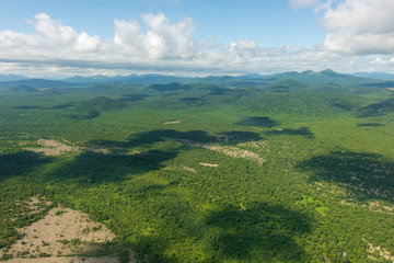 aerial view of Kamchatka volcanos, green valleys, snow and ice and the wonderful view of pure nature.