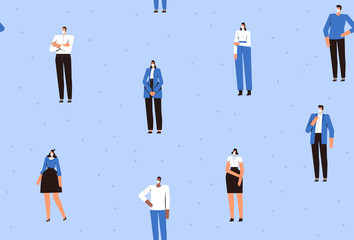 Seamless pattern. People in medical masks stand at a safe distance from each other. The fight against the new coronavirus COVID-2019