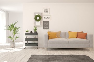 White living room with sofa. Scandinavian interior design. 3D illustration