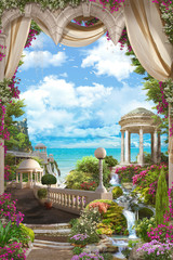 Beautiful views of the sea and a white gazebo from the terrace in pink flowers and beige curtains. Digital fresco.