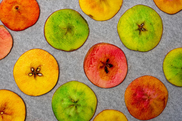 Dehydrated apple chips snacks flat lay