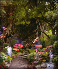 Beautiful forest with flowers, squirrels, magic mushrooms and waterfalls.