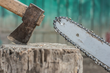 chainsaw and ax