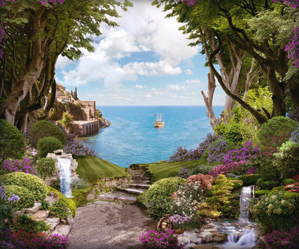 Beautiful forest with flowers, waterfalls and access to the sea. Digital fresco. Mural. Wallpaper.