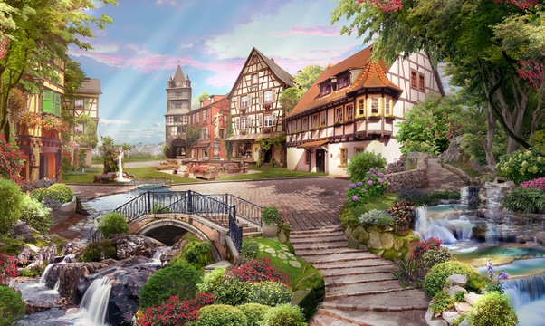 Beautiful view of the street with waterfalls, in flowers and sunshine. Digital fresco, mural. Wallpaper.