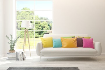 White living room with sofa and summer landscape in window. Scandinavian interior design. 3D illustration