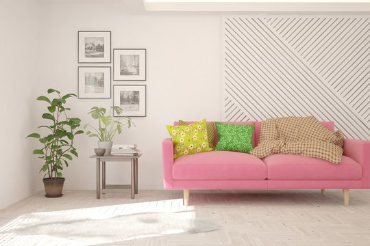 White living room with pink sofa. Scandinavian interior design. 3D illustration