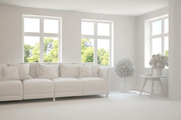 White living room with sofa and summer landscape in window. Scandinavian interior design. 3D illustration