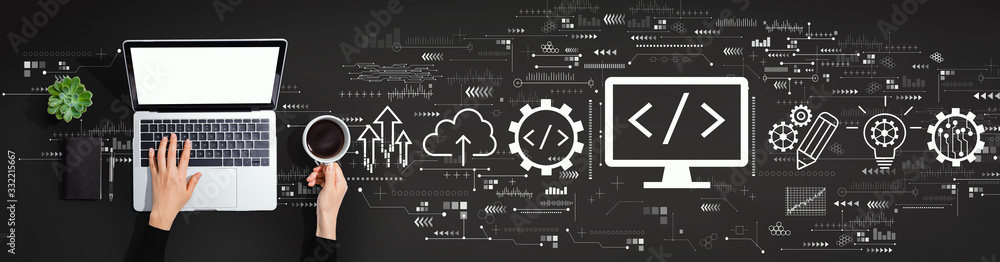 Poster web development concept with person using a laptop computer
