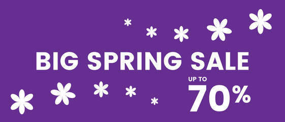 Fototapeta na wymiar Spring summer sale banner. Useful for websites, pop and social media platforms. Big sale signs. With floral pattern. Purple and white colored.