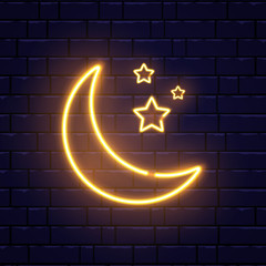 Neon golden crescent and stars. Ramadan Kareem neon sign on brick wall. Glorious month of Muslim year light banner. Vector illustration © Liubov