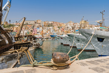 Sciacca - Fishing boats in the harbor of Sciacca, on the Mediterranean Sea ; Italy, Sicily, Agrigento Province - obrazy, fototapety, plakaty