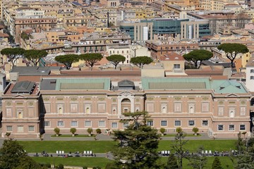 Panorama of Rome from the observation deck of the dome of St. Peter's Basilica. Panorama of the city. The best view of Rome. "Roof of the world". Vatican and Rome aerial view