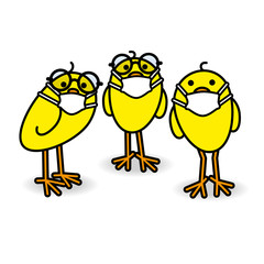 Three Yellow Chicks wearing Spectacles and Medical Masks