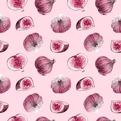 pattern of fig fruits and slices on a pink background