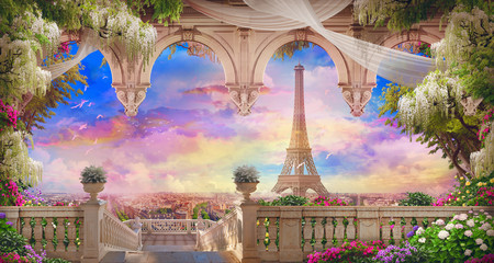 Beautiful view from the  flower-covered balcony to the Eiffel tower and pink sunset. Digital collage , mural and fresco. Wallpaper. Poster design. Modular panno.