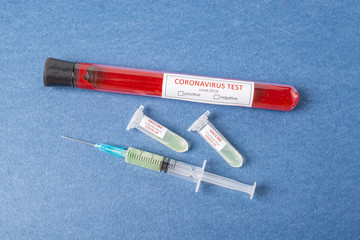 Test tube with blood sample Covid-19 (coronavirus). Laboratory testing blood. Vaccine and syringe injection It use for prevention, immunization and treatment from COVID