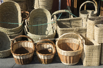 Wicker and esparto baskets exposed for sale