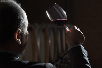 Sommelier makes a selection of red wine from an oak barrel. ecological wine production on the farm.