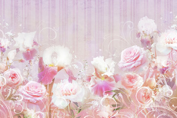Collage of roses and irises with dots on a stone texture with stripes. Digital mural. Sfondi and Wallpaper.
